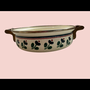 Vintage Asta Enamelware Casserole Serving Pan with Brass Handles Floral Pattern